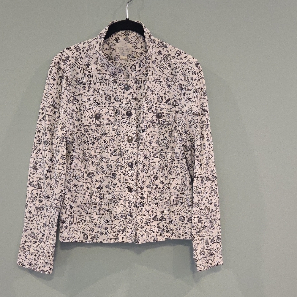 Christopher & Banks White With Black graphics Cotton Jacket Women's Size Medium